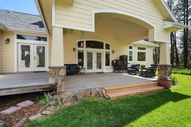 21718 W Watt Rd, Cheney, WA 99004 - back of property featuring french doors, a deck, a yard, and roof with shingles