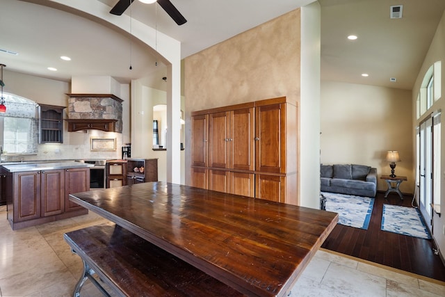 21718 W Watt Rd, Cheney, WA 99004 - dining space with ceiling fan, a high ceiling, and recessed lighting