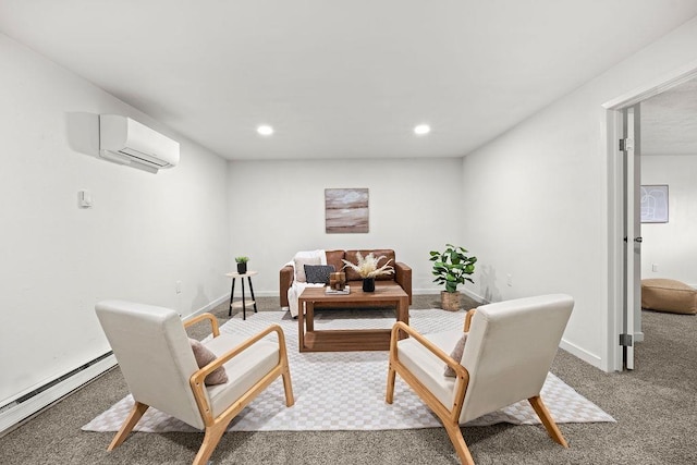 living area featuring a wall unit AC, a baseboard radiator, carpet floors, recessed lighting, and baseboards