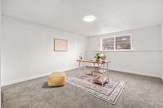 carpeted office with a textured ceiling and baseboards
