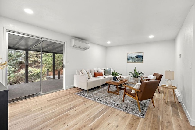 living area featuring a wall unit AC, wood finished floors, recessed lighting, a baseboard radiator, and baseboards