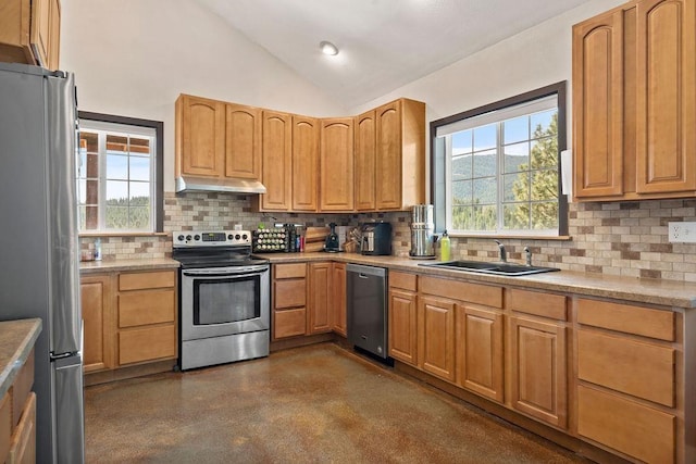 kitchen with stainless steel appliances, a sink, lofted ceiling, backsplash, and under cabinet range hood