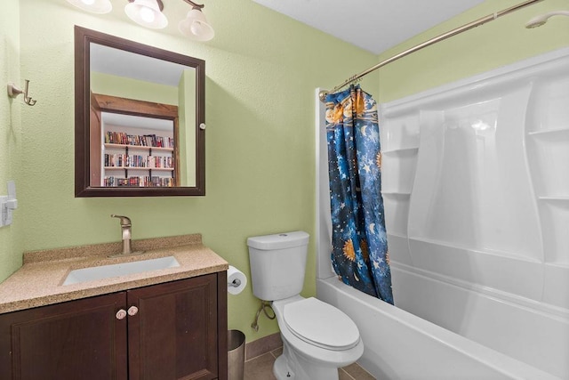 bathroom featuring toilet, tile patterned floors, shower / bath combo, and vanity