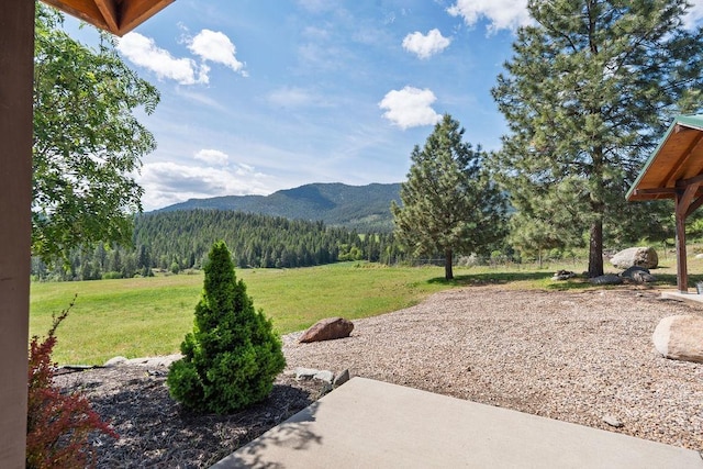 view of grassy yard with a mountain view and a view of trees