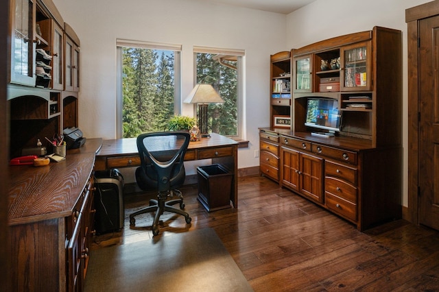 office with dark wood-type flooring and built in study area