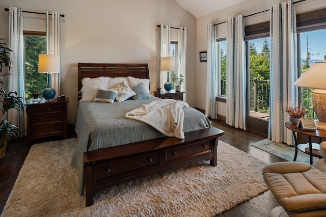 bedroom with lofted ceiling and wood finished floors