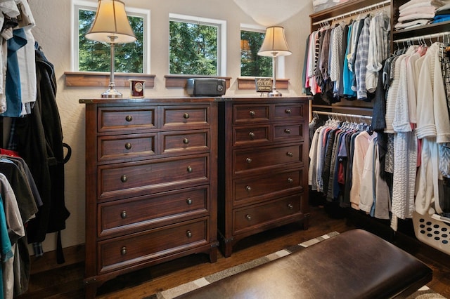 spacious closet with dark wood-style floors