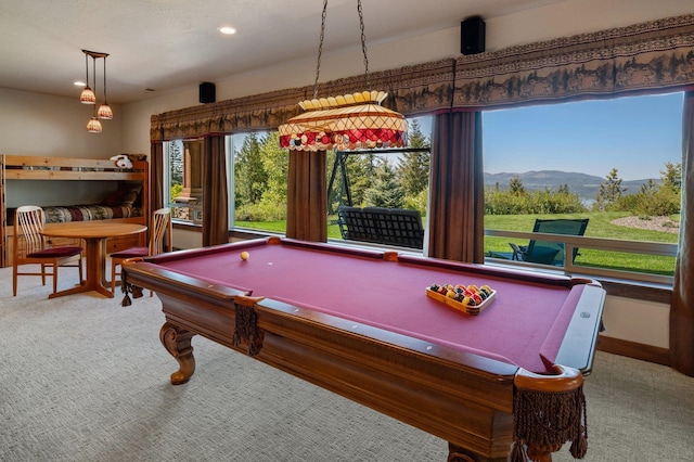 rec room with carpet floors, billiards, recessed lighting, a mountain view, and baseboards