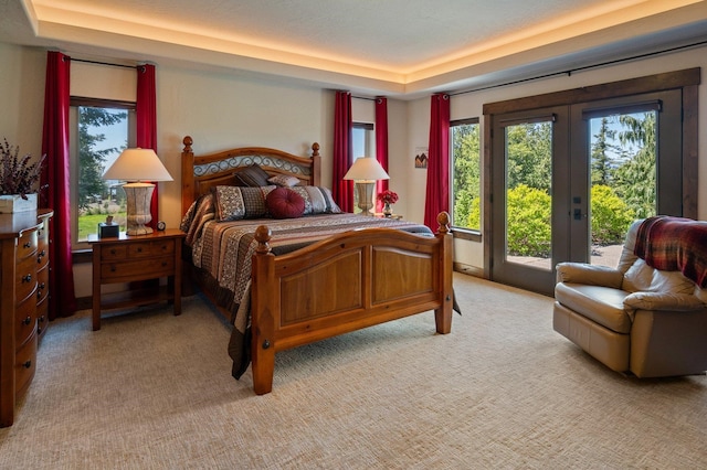bedroom featuring a raised ceiling, french doors, access to exterior, and multiple windows