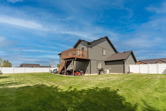 rear view of property featuring stairs, a wooden deck, and central AC