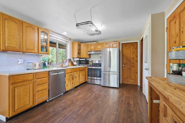 15205 N Scribner Branch Rd, Spokane, WA 99217 - kitchen featuring stainless steel appliances, a sink, dark wood-style flooring, glass insert cabinets, and under cabinet range hood