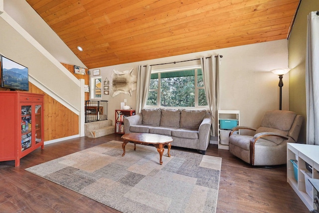 15205 N Scribner Branch Rd, Spokane, WA 99217 - living area featuring vaulted ceiling, wood ceiling, and wood finished floors