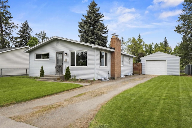ranch-style home with driveway, a chimney, an outdoor structure, and a garage