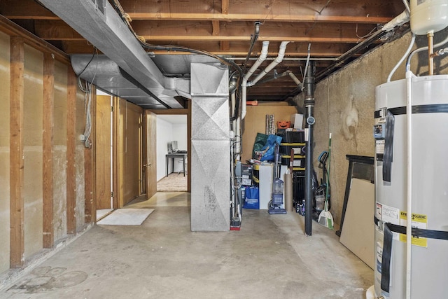 unfinished basement featuring strapped water heater and heating unit