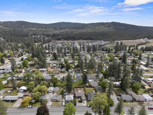 aerial perspective of suburban area with a forest and mountains