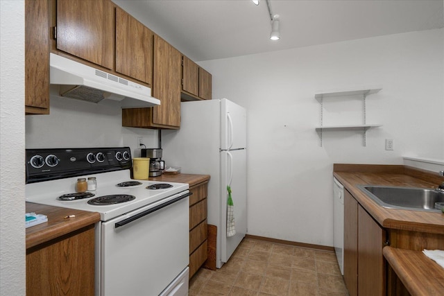 6019 E 6th Ave Unit L-201, Spokane, WA 99212 - kitchen featuring white appliances, under cabinet range hood, a sink, open shelves, and brown cabinetry
