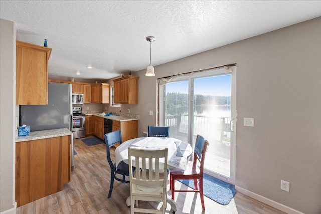 23605 E Beach Ln, Newman Lake, WA 99025 - dining space featuring light wood-style flooring, baseboards, and a textured ceiling