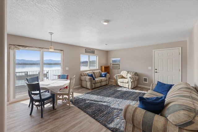 23605 E Beach Ln, Newman Lake, WA 99025 - living room with a water view, light wood-style flooring, baseboards, and a textured ceiling