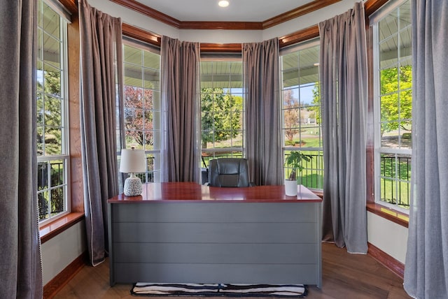 7406 S Deerview Ln, Spokane, WA 99223 - home office featuring baseboards, wood finished floors, and crown molding