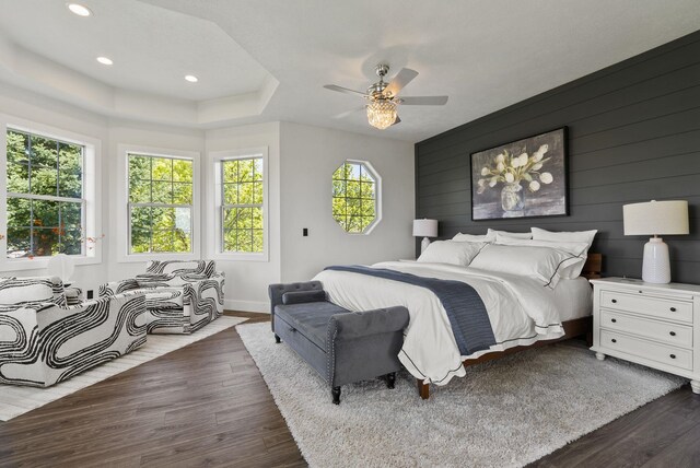 7406 S Deerview Ln, Spokane, WA 99223 - bedroom featuring wood finished floors, baseboards, recessed lighting, a ceiling fan, and wood walls