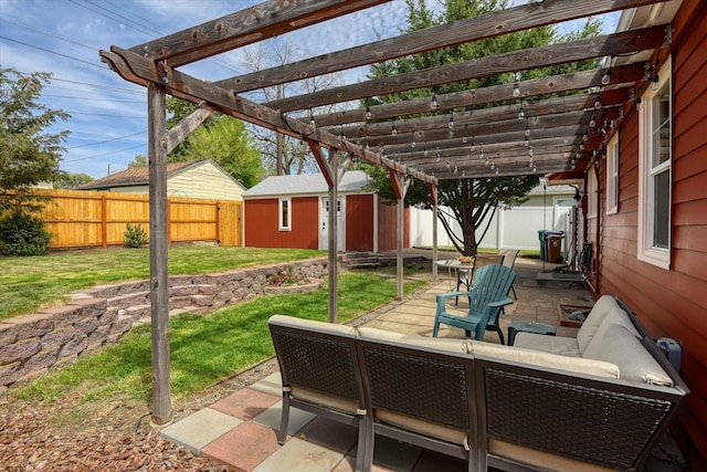 2410 W Upton Ave, Spokane, WA 99205 - view of patio / terrace with outdoor lounge area, an outdoor structure, and a pergola