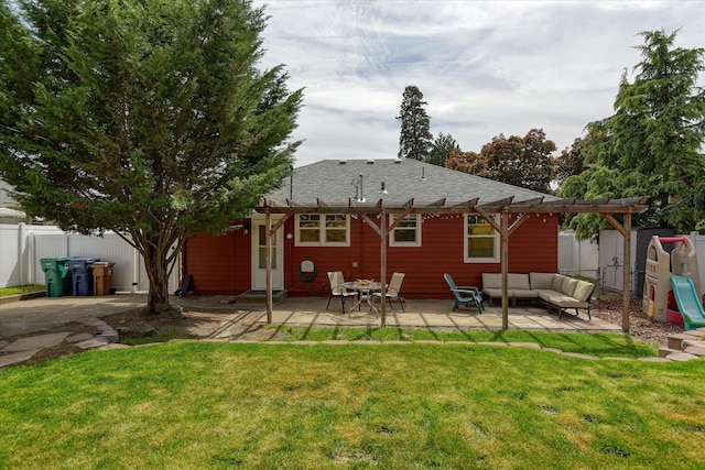 2410 W Upton Ave, Spokane, WA 99205 - back of house featuring a patio area, an outdoor living space, a pergola, and a shingled roof