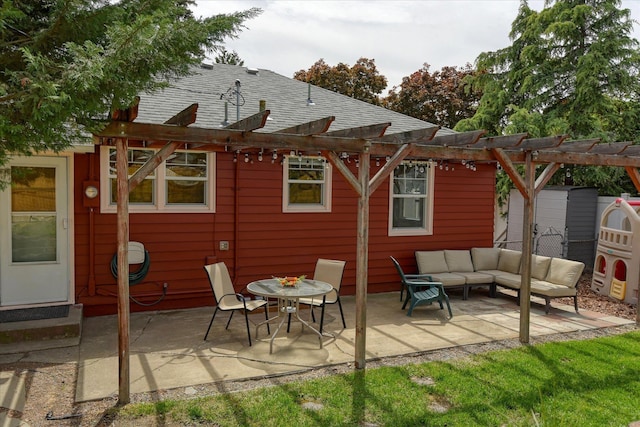 2410 W Upton Ave, Spokane, WA 99205 - rear view of house featuring outdoor lounge area, a pergola, a patio, a shingled roof, and fence
