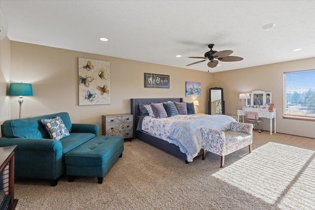 17206 W Buckboard Ave, Medical Lake, WA 99022 - bedroom with light colored carpet, a ceiling fan, recessed lighting, and a textured ceiling
