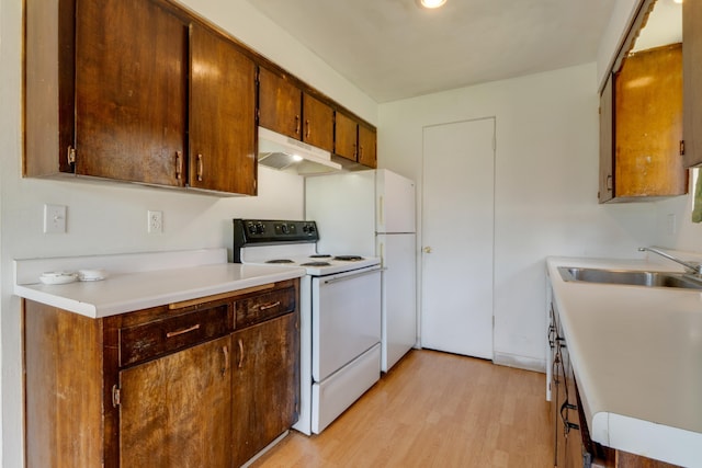 1514 3rd St, Cheney, WA 99004 - kitchen with white electric range oven, under cabinet range hood, light wood finished floors, a sink, and light countertops