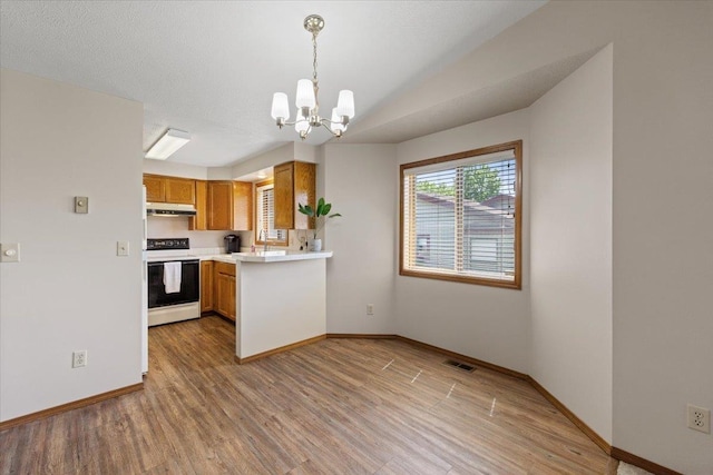 3716 S Alder Cir, Spokane, WA 99223 - kitchen with electric stove, under cabinet range hood, a chandelier, light countertops, and brown cabinets