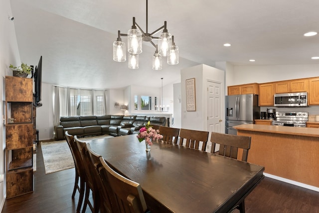 3022 E Pineglen Ave, Mead, WA 99021 - dining room featuring a chandelier, lofted ceiling, dark wood-style flooring, and recessed lighting