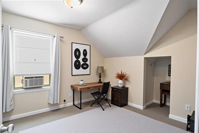 carpeted home office with vaulted ceiling, cooling unit, and baseboards