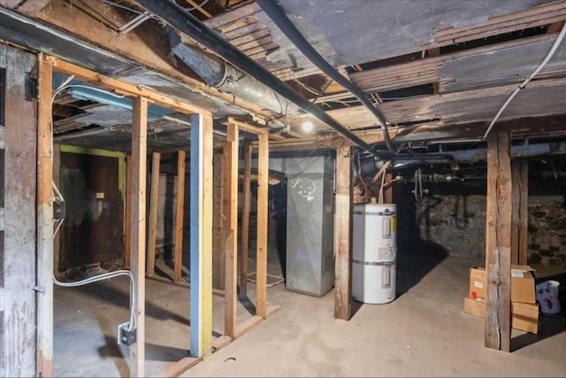 unfinished basement with strapped water heater