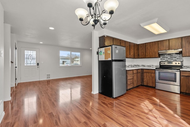 2612 E Longfellow Ave, Spokane, WA 99207 - kitchen featuring stainless steel appliances, under cabinet range hood, light countertops, light wood finished floors, and recessed lighting