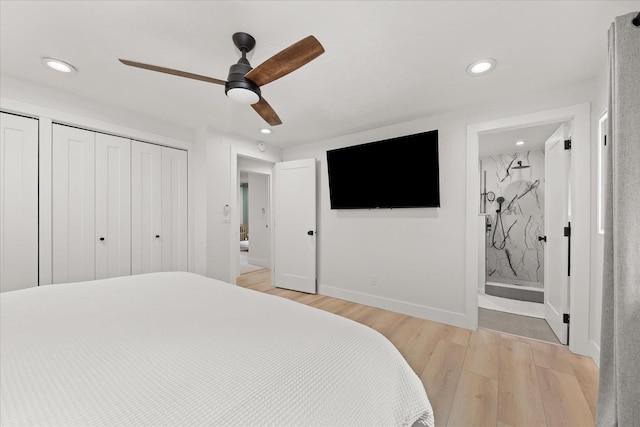 bedroom with light wood-style floors, recessed lighting, baseboards, ensuite bathroom, and ceiling fan