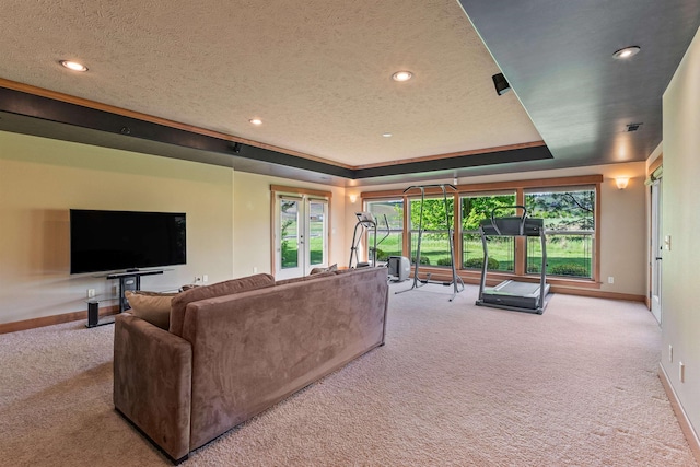 4224 E Hoffman Ln, Spokane, WA 99223 - carpeted living room featuring baseboards, a tray ceiling, a textured ceiling, and recessed lighting