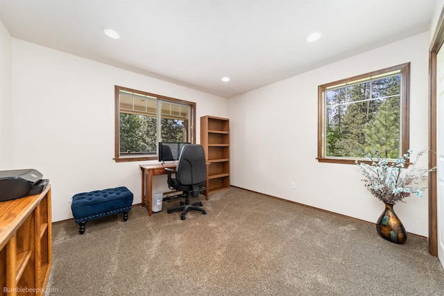 office space featuring carpet floors, baseboards, and recessed lighting