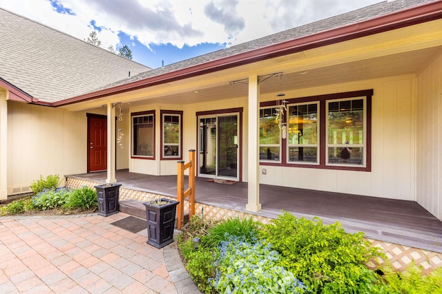 view of exterior entry featuring a porch and a shingled roof