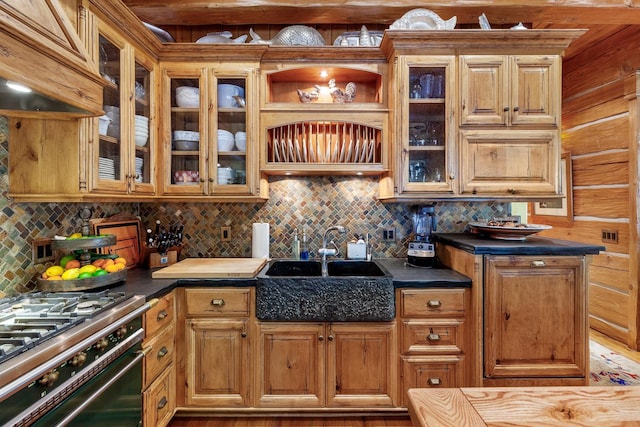 10351 N Gibson Rd, Hayden, ID 83835 - kitchen with stove, a sink, tasteful backsplash, and dark countertops