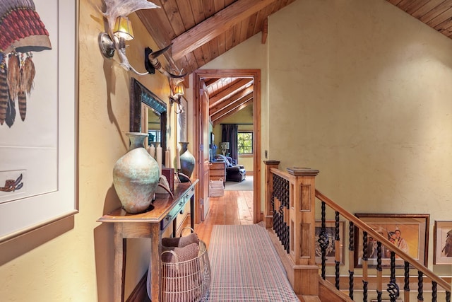 10351 N Gibson Rd, Hayden, ID 83835 - hallway featuring wooden ceiling, wood finished floors, and an upstairs landing