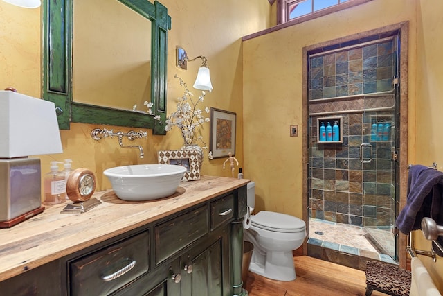 10351 N Gibson Rd, Hayden, ID 83835 - bathroom with a stall shower, wood finished floors, toilet, and vanity