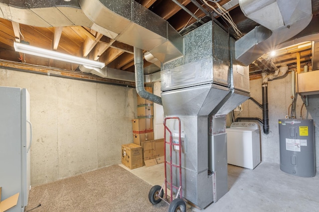 unfinished below grade area with electric water heater, washer / clothes dryer, and freestanding refrigerator
