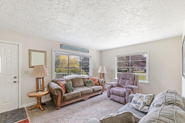 carpeted living area featuring a textured ceiling