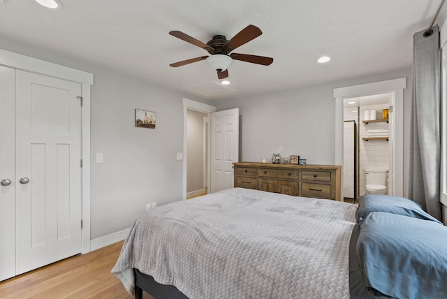 16814 N Tamarac Ln, Nine Mile Falls, WA 99026 - bedroom with light wood-style flooring, recessed lighting, baseboards, ceiling fan, and connected bathroom