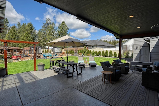 25523 N N Sheridan Rd, Chattaroy, WA 99003 - view of patio / terrace featuring a playground and outdoor lounge area