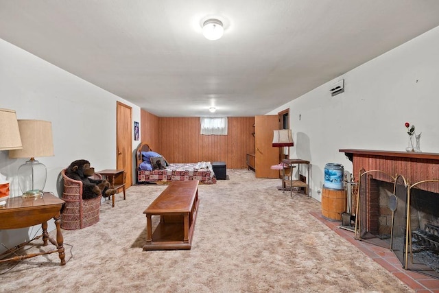 823 N Woodlawn Rd, Spokane Valley, WA 99216 - living area with a fireplace, carpet floors, and wood walls