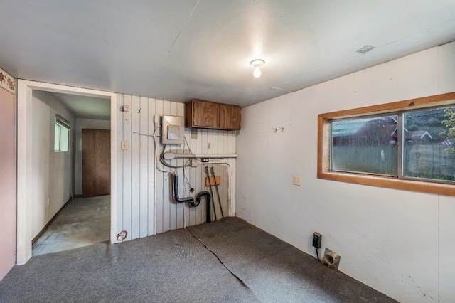 47 Davis Lake Ln, Usk, WA 99180 - laundry room with carpet flooring, wooden walls, and electric panel