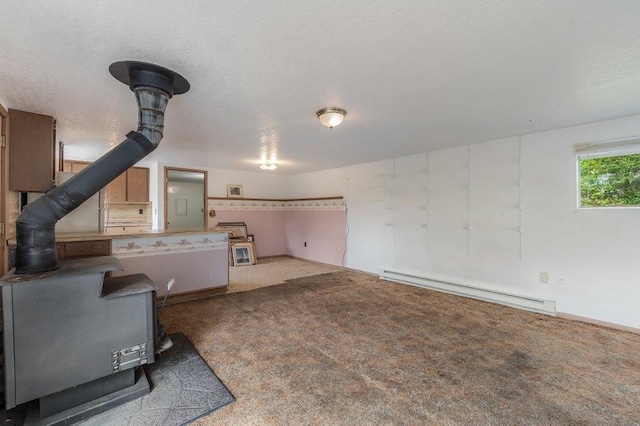 47 Davis Lake Ln, Usk, WA 99180 - unfurnished living room featuring a wood stove, baseboard heating, a textured ceiling, and carpet