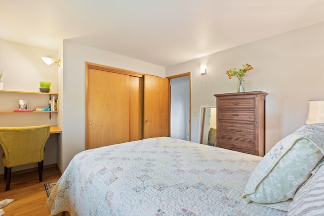 bedroom featuring wood finished floors, a closet, and a desk