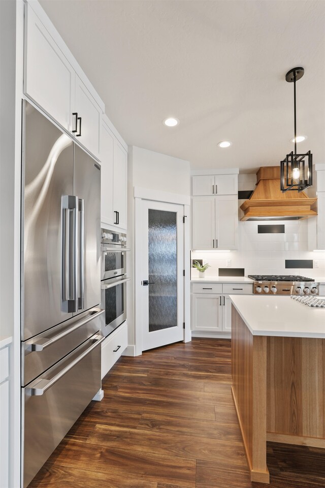 7285 E Columbia Dr, Spokane, WA 99212 - kitchen featuring stainless steel appliances, premium range hood, dark wood-style flooring, light countertops, and recessed lighting